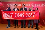 (From left) Host Andrew WORK, CEO of South China Morning Post Gary LIU, Director of Broadcasting LEUNG Ka-wing , sponsor of the gala venue Jim THOMPSON and Elizabeth STEWART revealed the total raised this year.
